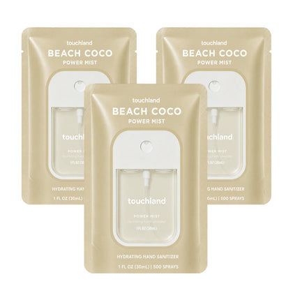 Touchland Beach Coco Hydrating Hand Sanitizer Spray Trio packaging front view
