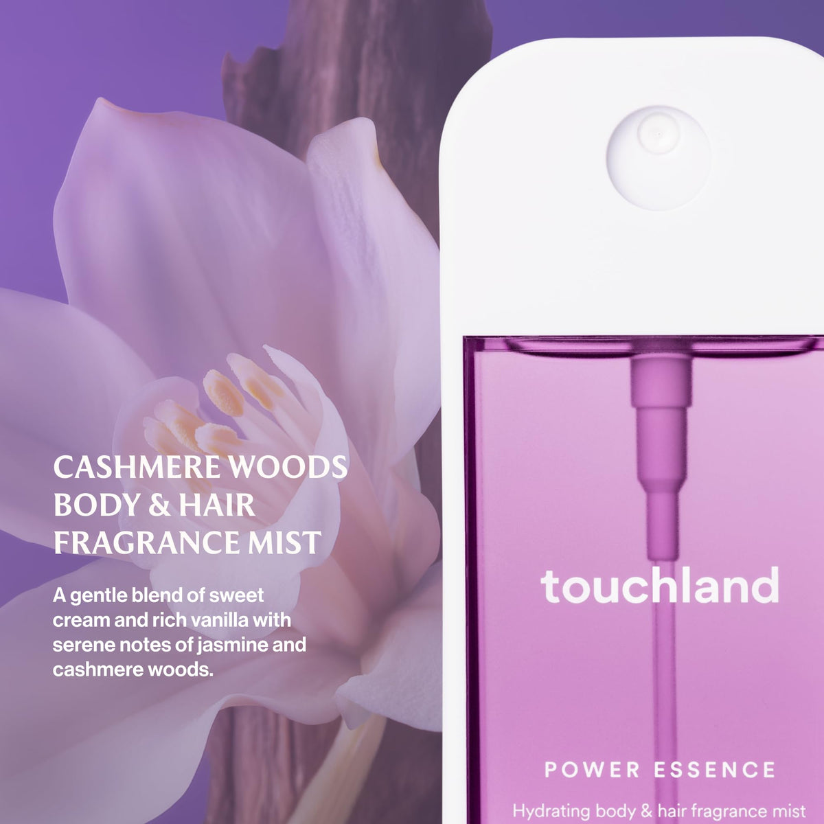 Touchland Body & Hair Fragrance Mist Cashmere Woods bottle with mist spray