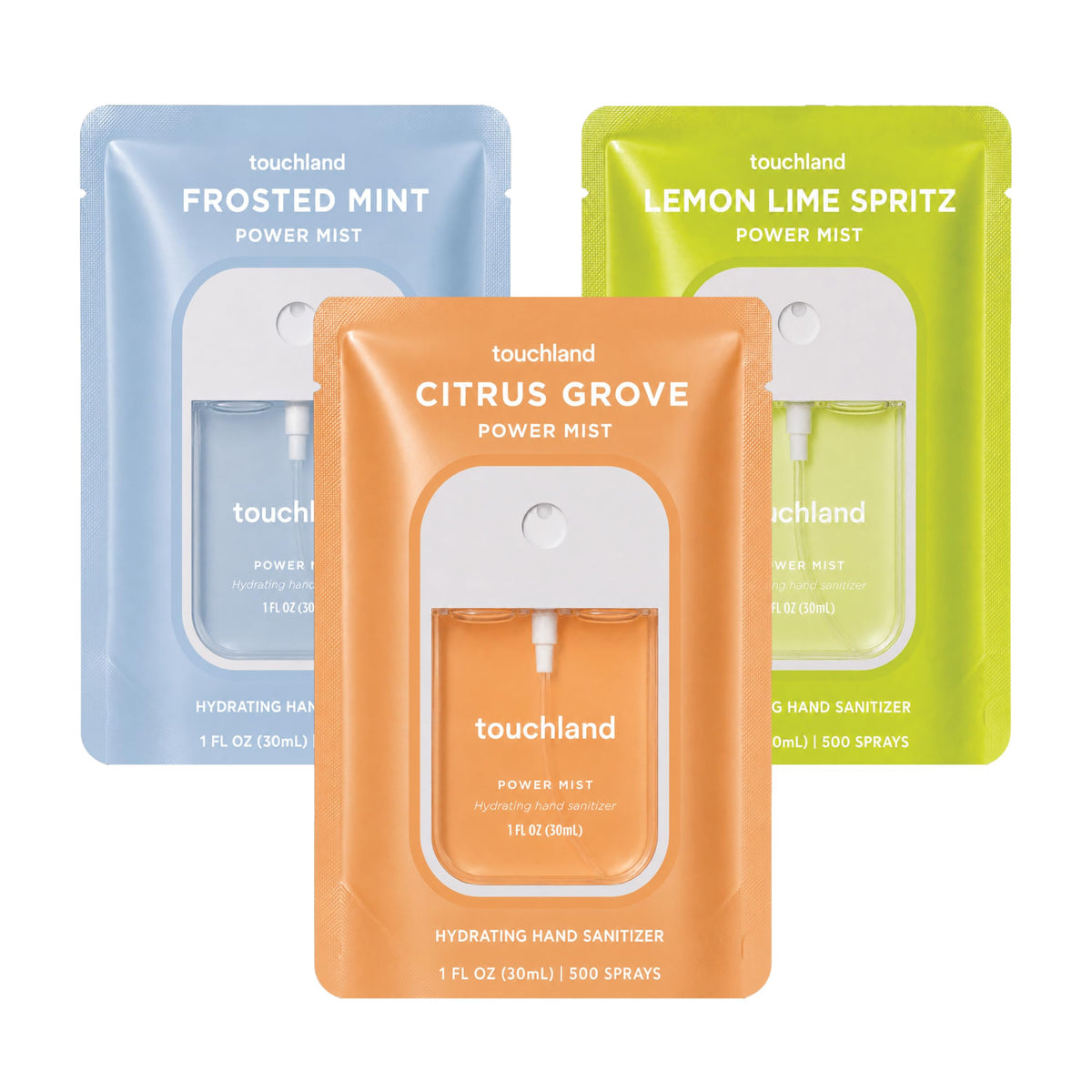 Touchland Fresh Trio Hydrating Hand Sanitizer Spray Set with three bottles