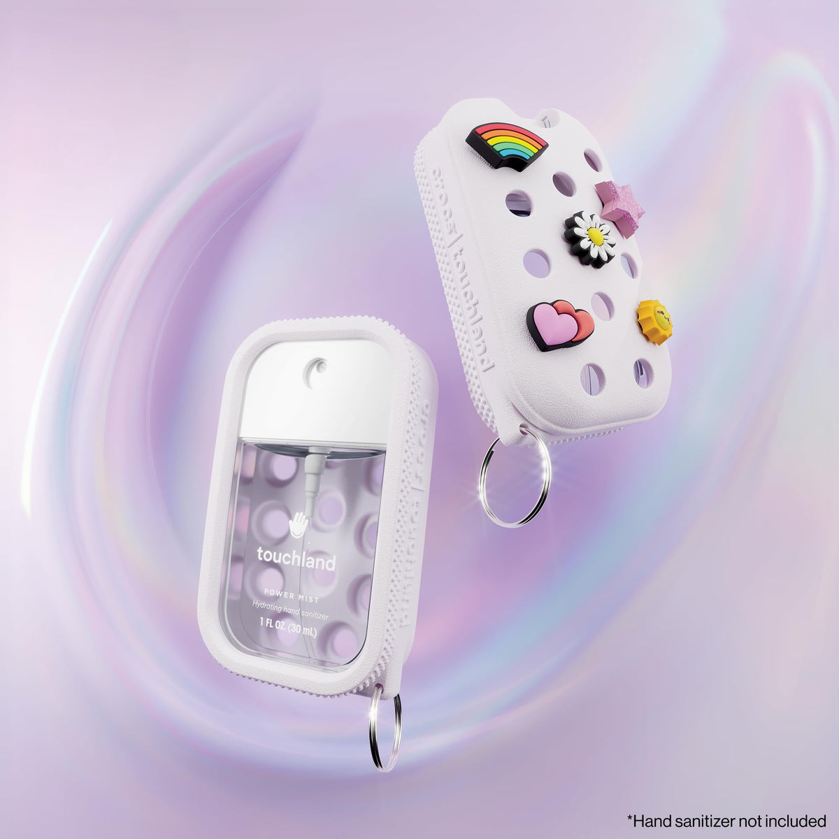 Touchland Hand Mist Case in Cosmic White side view showing metal keyring