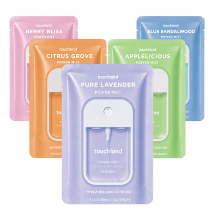 Touchland Hydrating Hand Sanitizer Spray Set with five travel-sized bottles