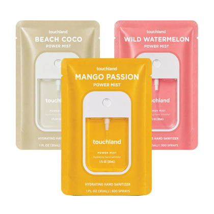 Touchland Tropical Trio Hydrating Hand Sanitizer Spray Set packaging front view