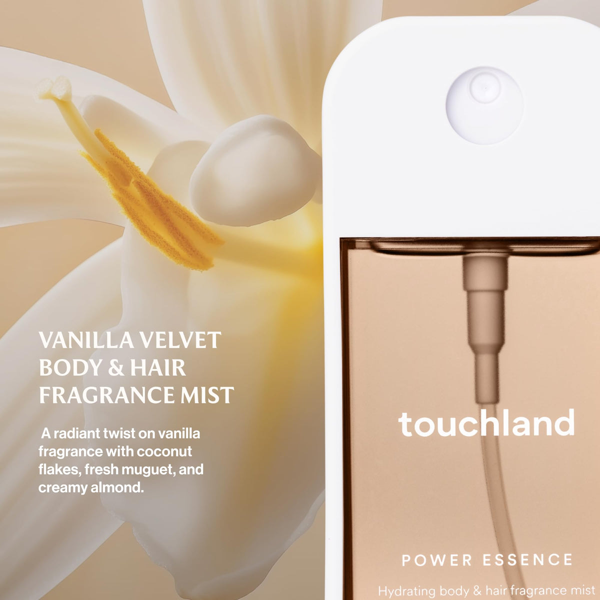 Touchland Vanilla Velvet Body Mist side view showcasing travel size