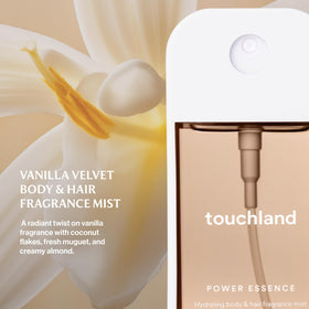 Touchland Vanilla Velvet Body Mist side view showcasing travel size