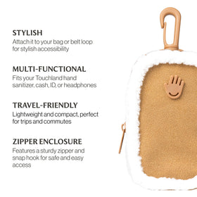 Touchland Vegan Shearling Touchette Pouch displayed with hand sanitiser