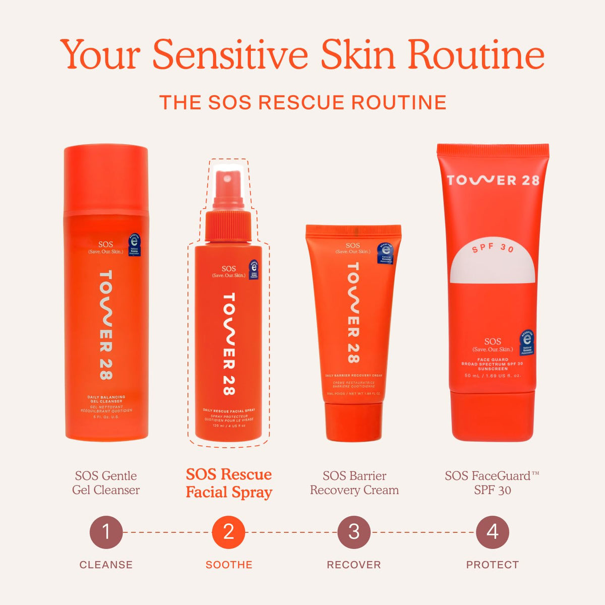 Tower 28 SOS Daily Rescue Face Mist 1 oz on a skincare vanity
