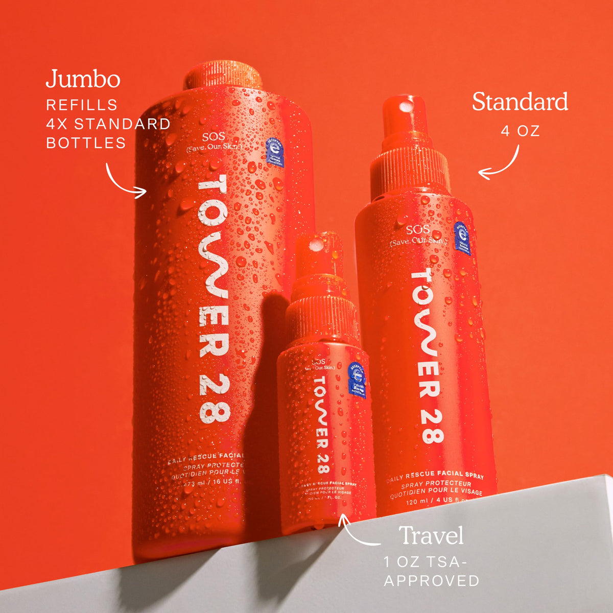 Tower 28 SOS Daily Rescue Soothing Spray 16 oz on a bathroom shelf