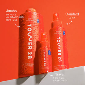 Tower 28 SOS Daily Rescue Soothing Spray 16 oz on a bathroom shelf