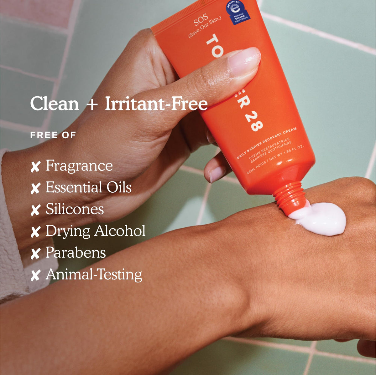 Tower 28 SOS Recovery Hydrating Face Cream on a bathroom counter