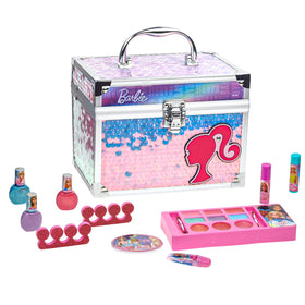 Townley Girl Barbie Train Case Beauty Set front view with acrylic case