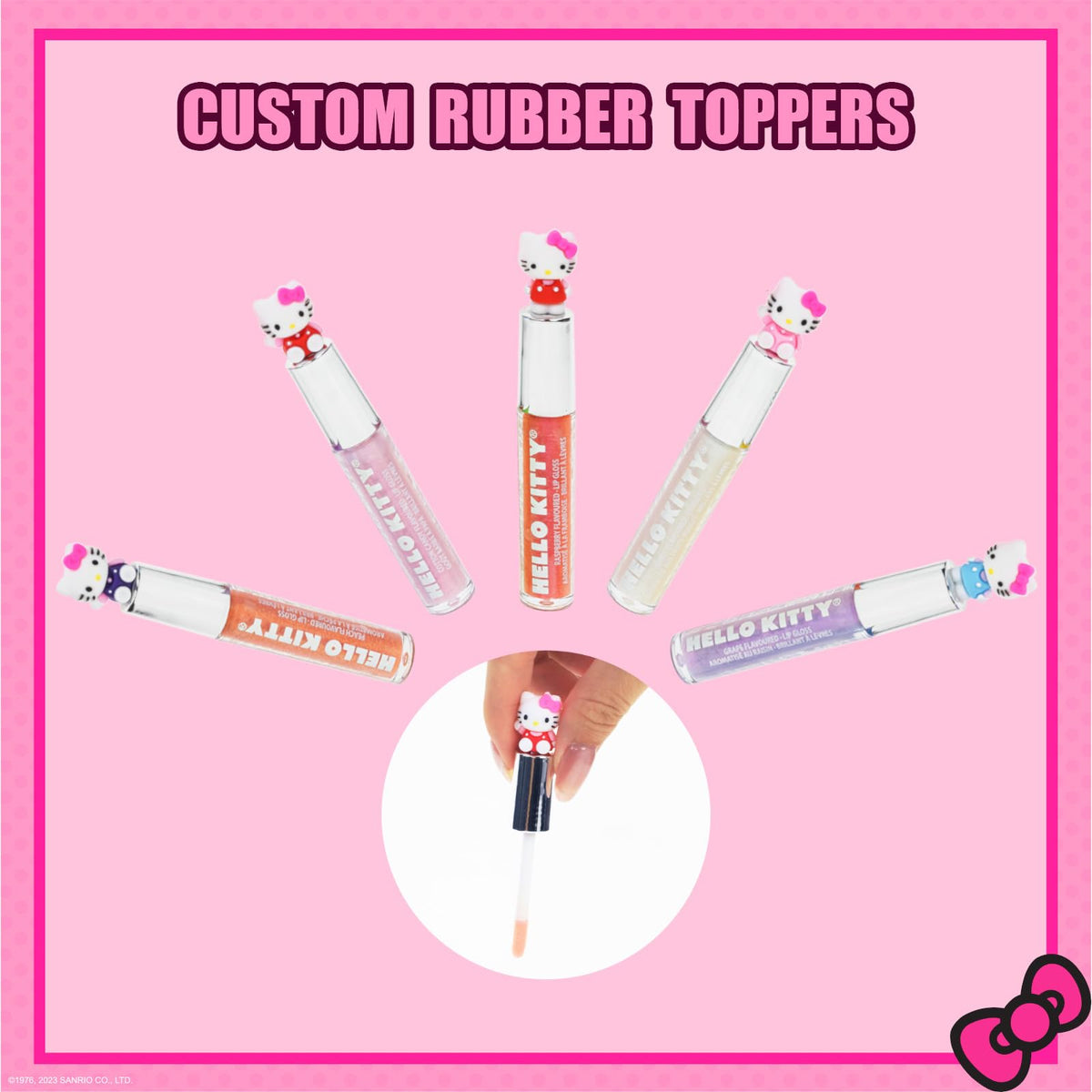 Townley Girl Hello Kitty lip glosses displayed with Hello Kitty character