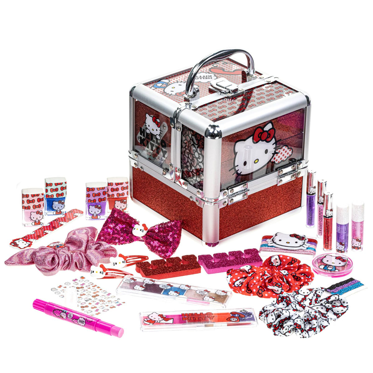 Townley Girl Hello Kitty Makeup Train Case with bright eyeshadows