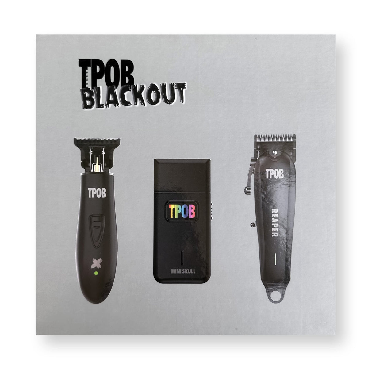 TPOB clipper trimmer and shaver set displayed together