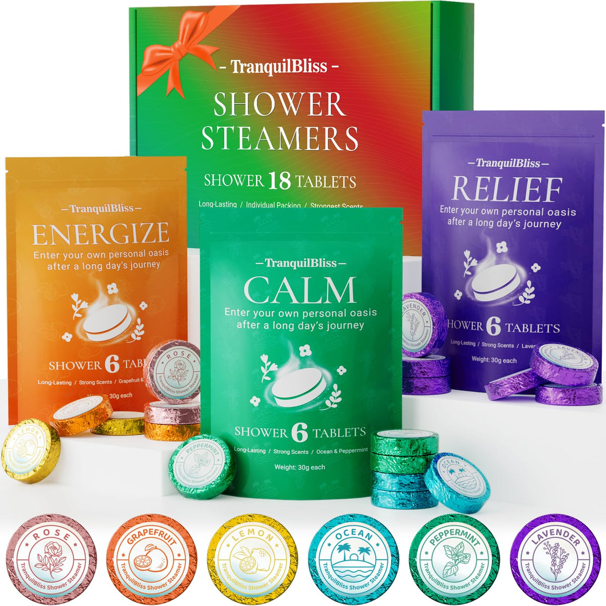 TranquilBliss 18 Pack Shower Steamers assorted scents front view