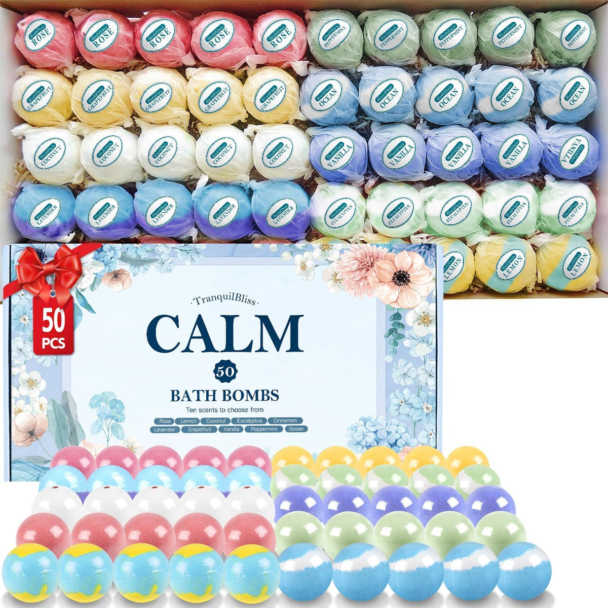 TranquilBliss Bath Bombs Set 50 PCS in a beautiful gift box