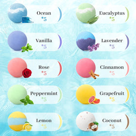TranquilBliss bath bombs showcasing 10 different scents