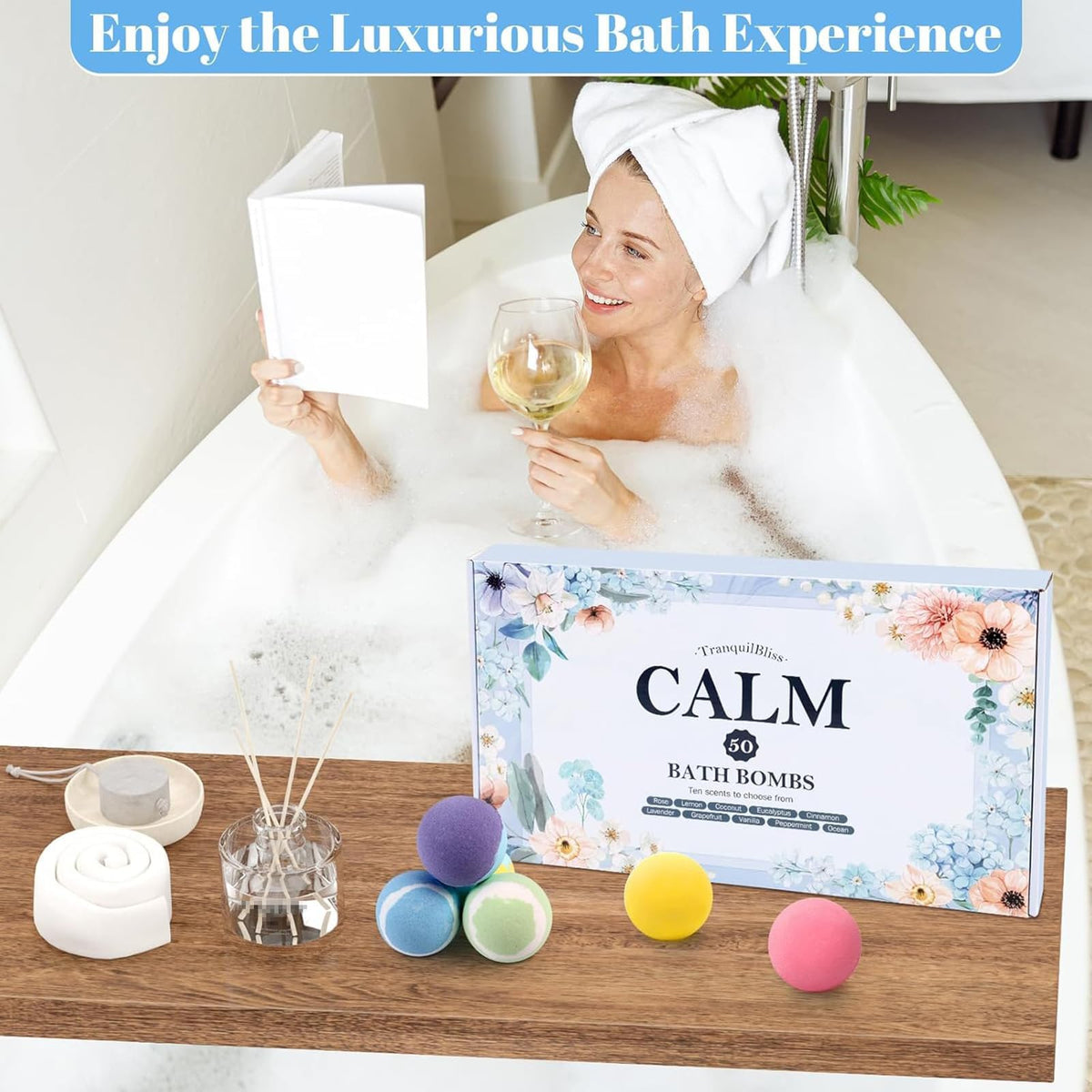 TranquilBliss bath bombs with labels showing scent names