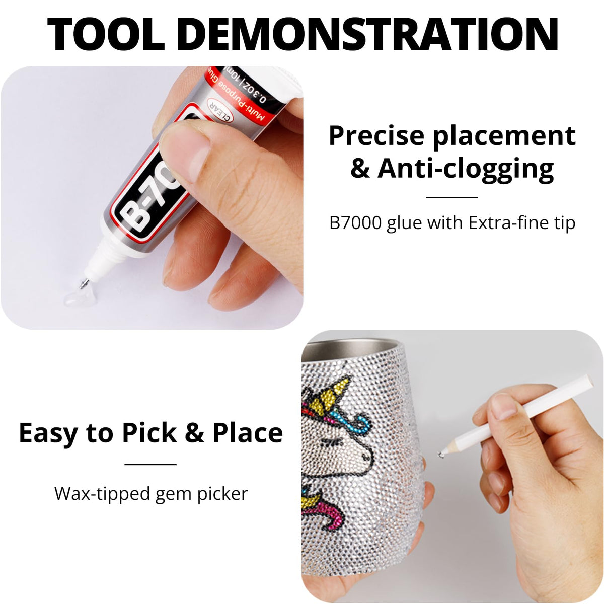 Transparent plastic case with rhinestones and glue tubes