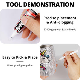 Transparent plastic case with rhinestones and glue tubes