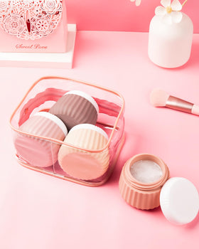 Travel containers arranged neatly with toiletries