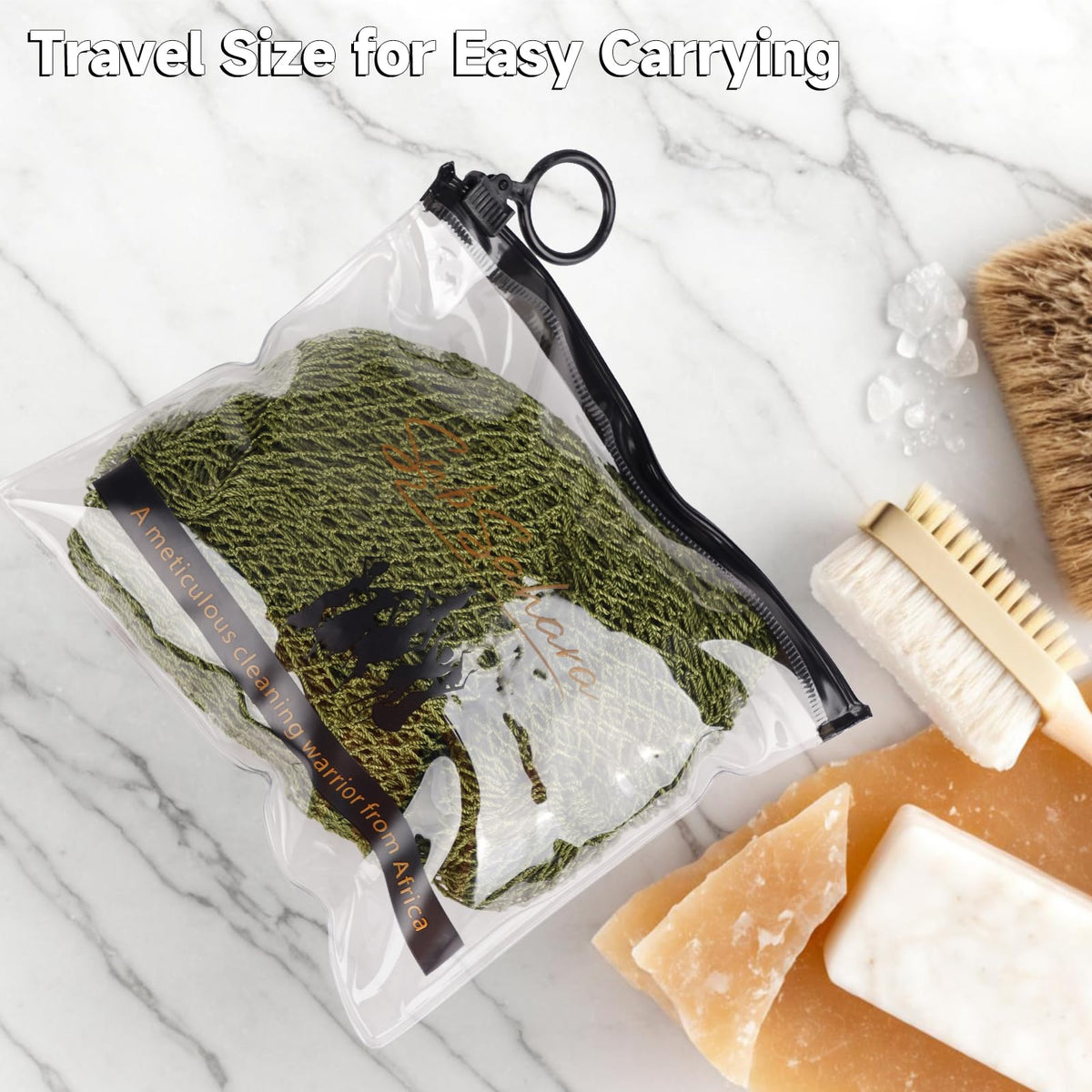 Travel pouch containing SubSahara African Net Sponges