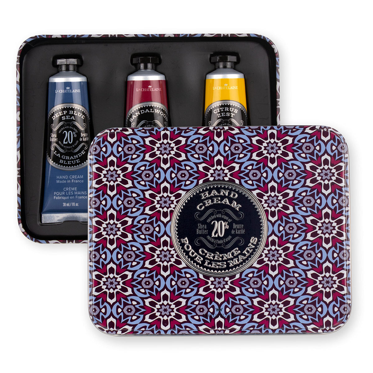 Travel size hand cream set displayed with a towel