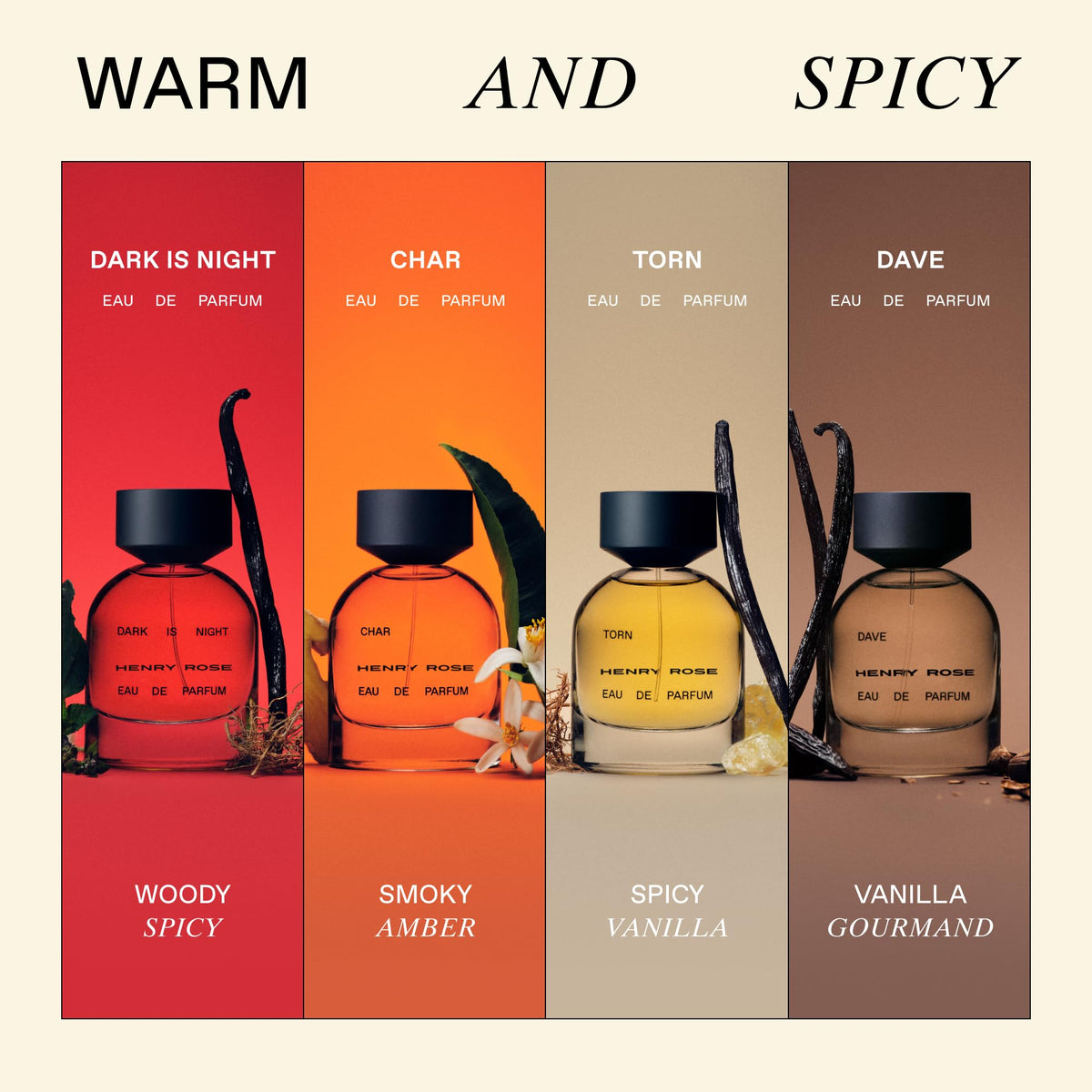 Travel-size Henry Rose perfume vials arranged on a table