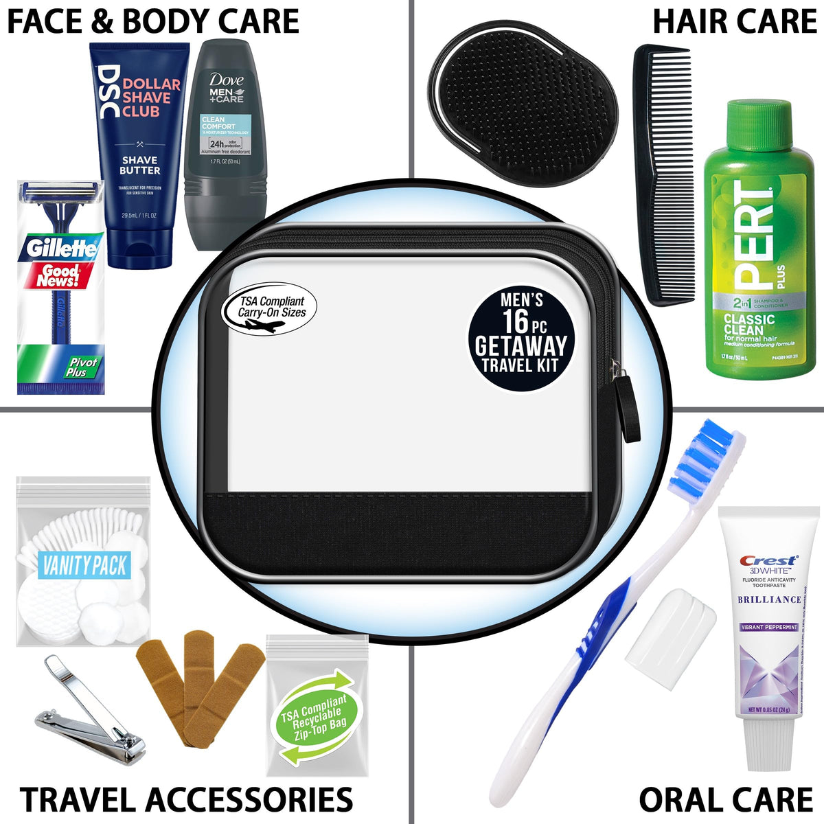 Travel size toiletries in TSA-compliant bag