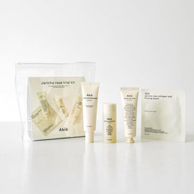 Travel-sized products from Abib Jericho Trial Kit on a flat surface