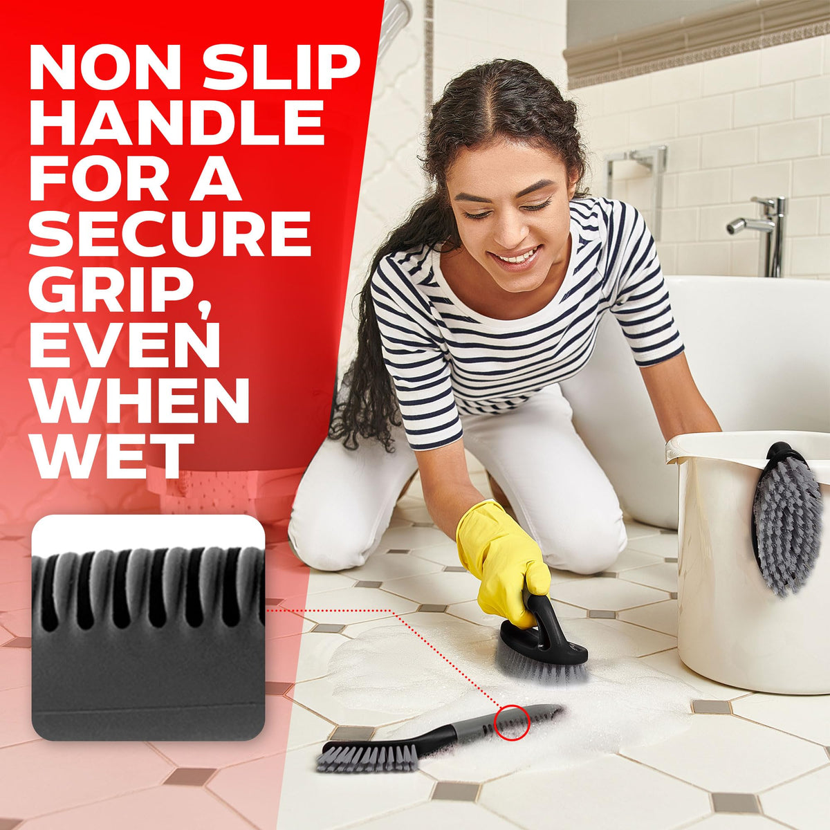 Trazon scrub brushes hanging on adhesive wall hooks