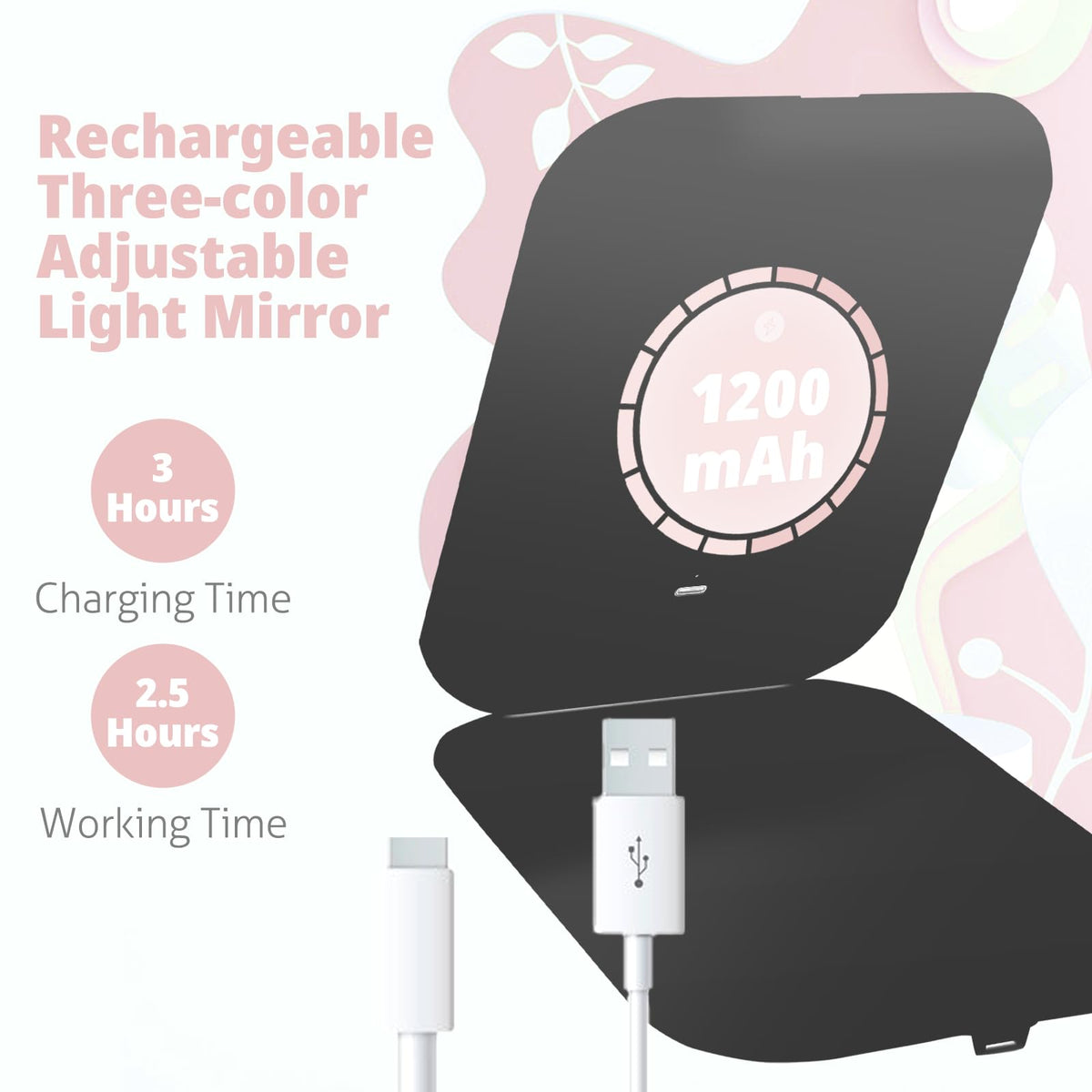 TREASO Travel Makeup Mirror displaying three lighting options