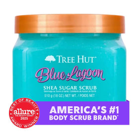 Tree Hut Blue Lagoon Body Scrub 18 Oz on a bathroom shelf