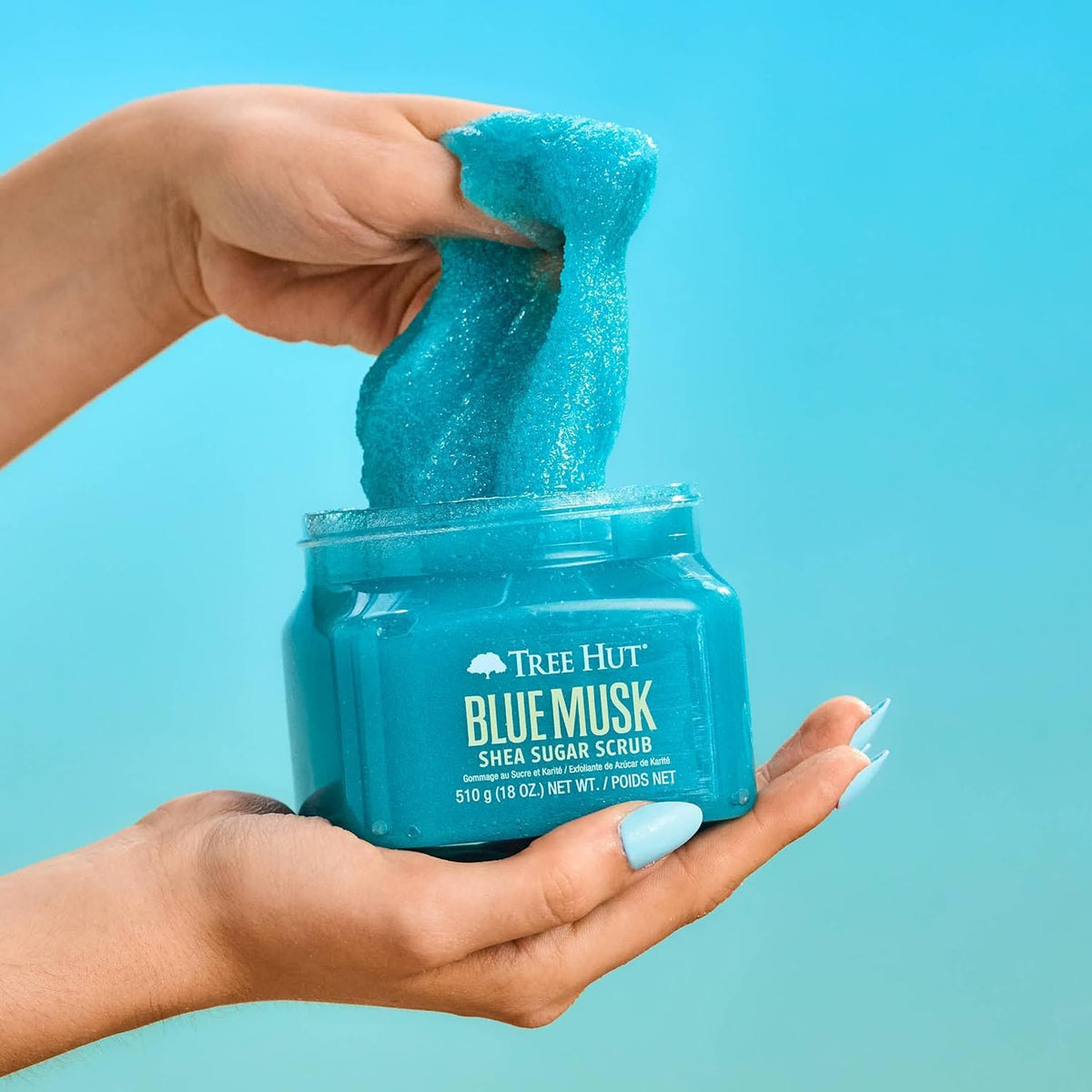 Tree Hut Blue Musk Body Scrub in a bathroom setting