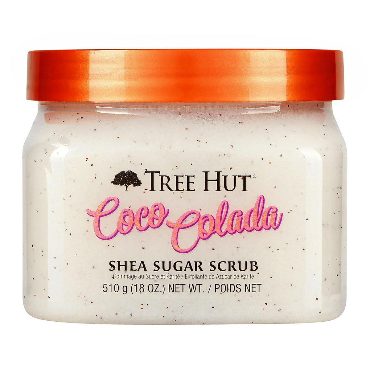 Tree Hut Coco Colada Body Scrub 18 Oz front view with tropical design