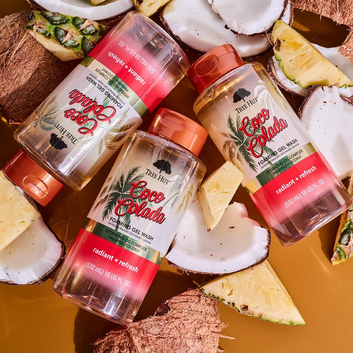 Tree Hut Coco Colada Foaming Body Wash in a bathroom setting