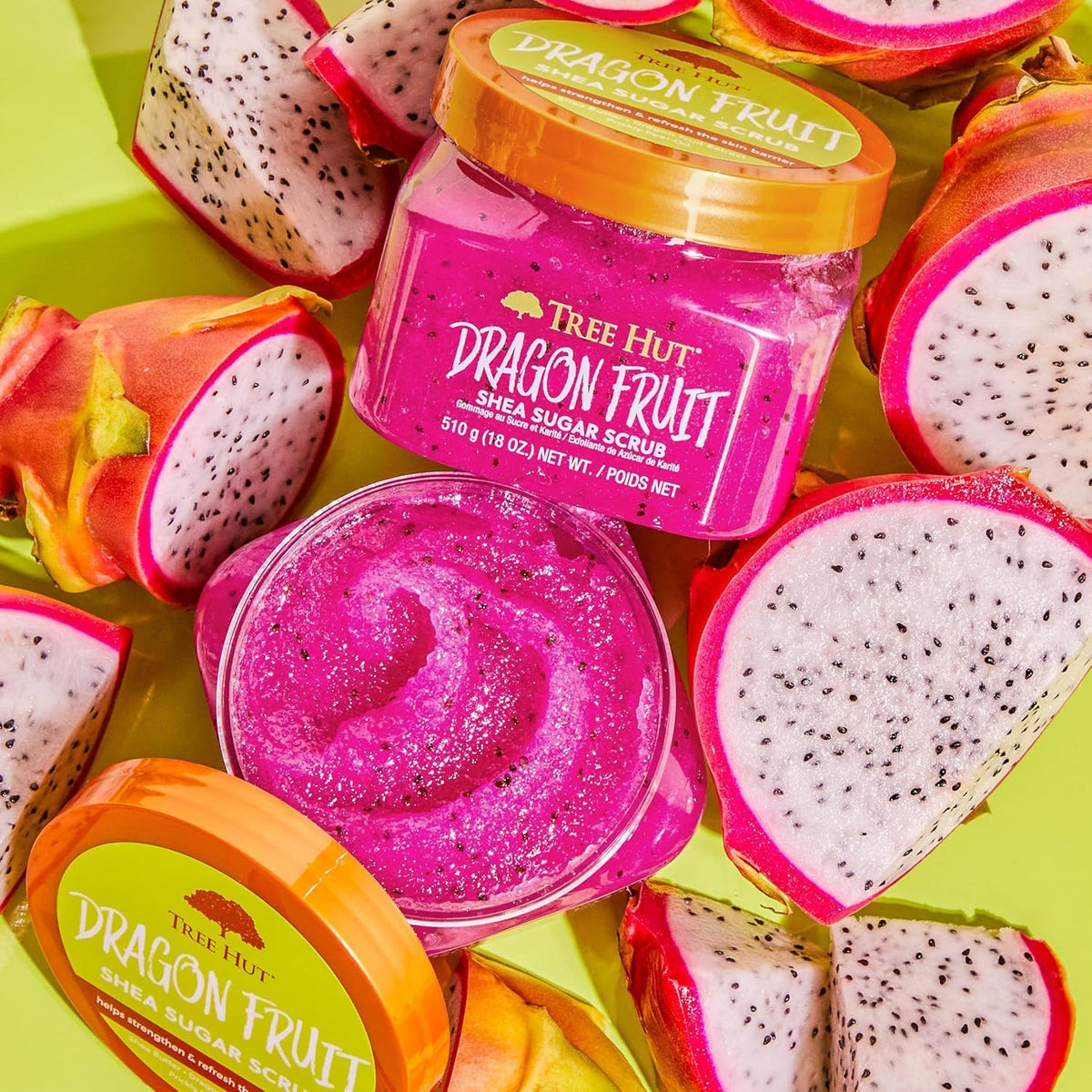 Tree Hut Dragon Fruit Body Scrub on a bathroom shelf