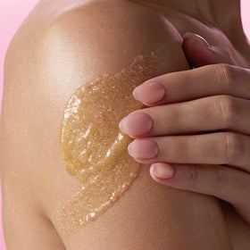 Tree Hut Golden Vanilla Body Scrub 18 Oz in a bathroom setting