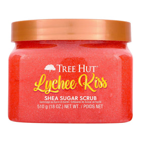 Tree Hut Lychee Kiss Body Scrub 18 Oz front view with tropical design