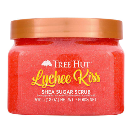Tree Hut Lychee Kiss Body Scrub 18 Oz front view with tropical design