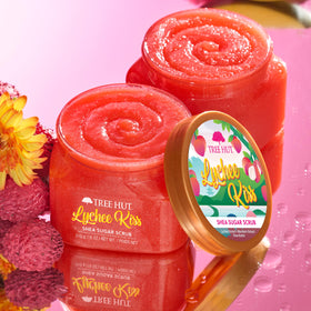 Tree Hut Lychee Kiss Body Scrub 18 Oz showing the texture of the scrub