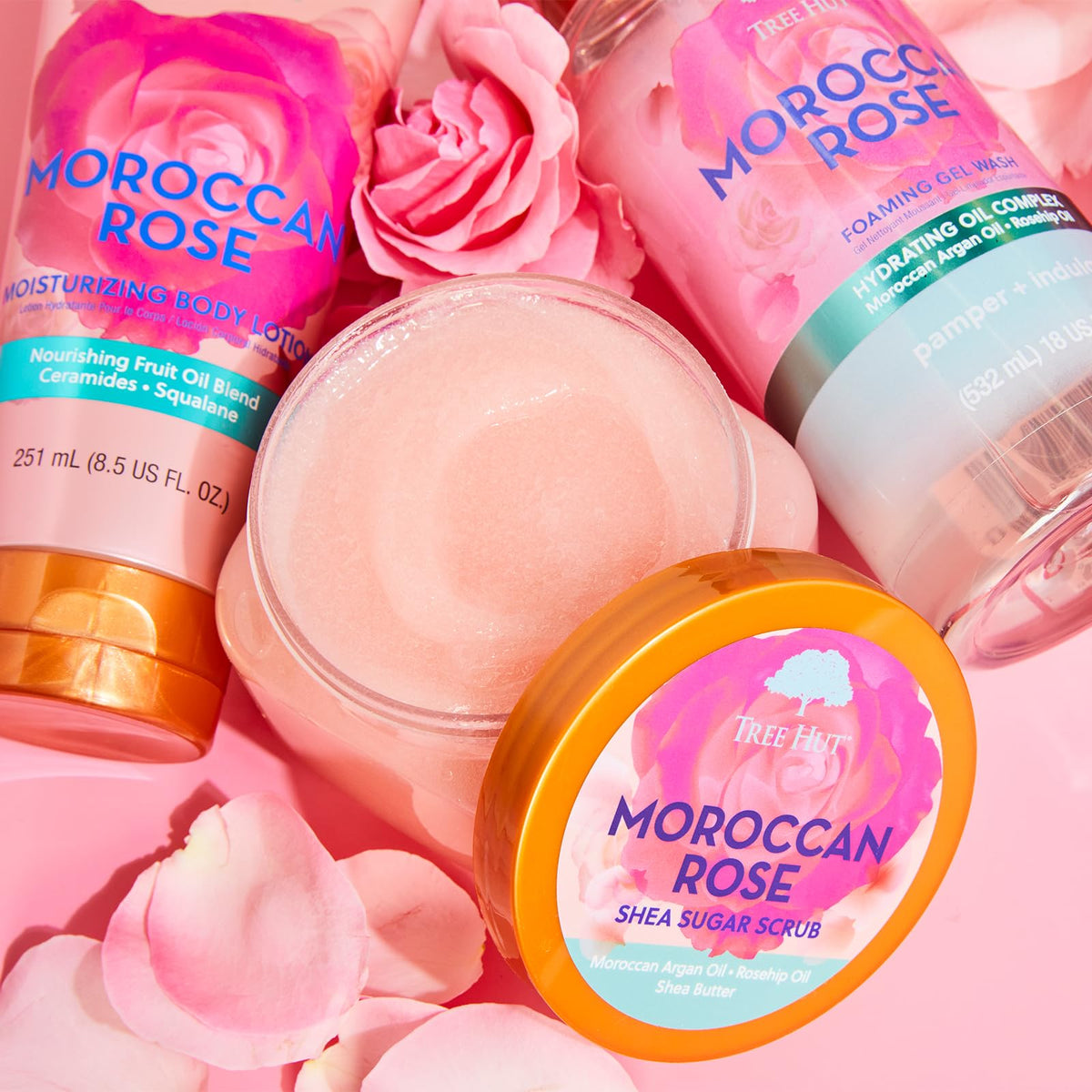 Tree Hut Moroccan Rose Body Scrub in a bathroom setting