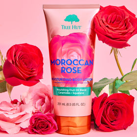 Tree Hut Moroccan Rose Moisturizing Body Lotion back view with ingredients