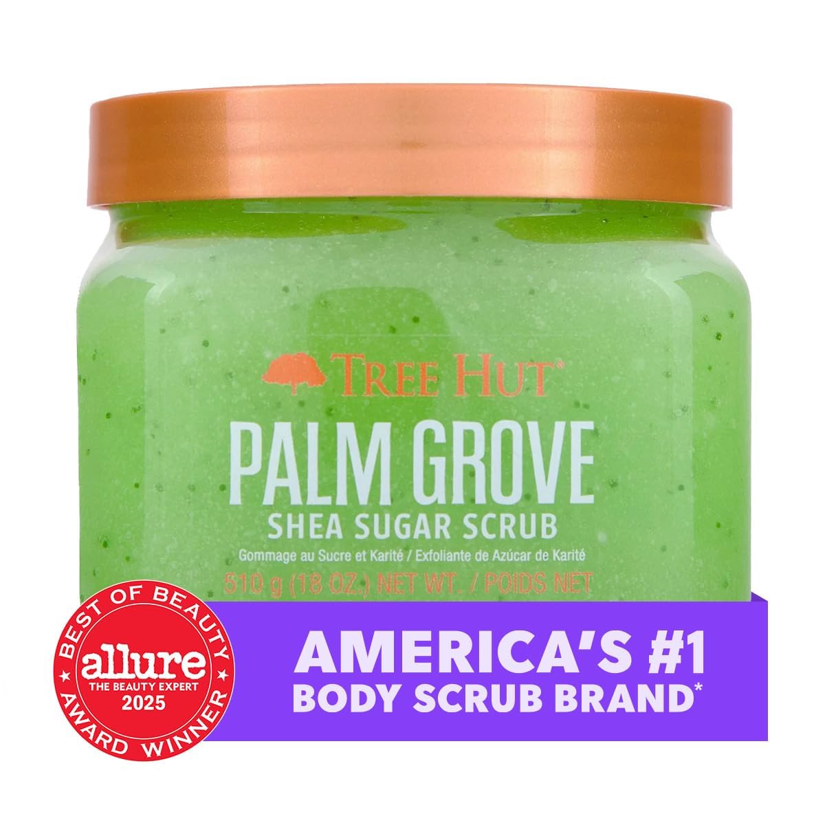 Tree Hut Palm Grove Body Scrub 18 Oz with ingredients displayed