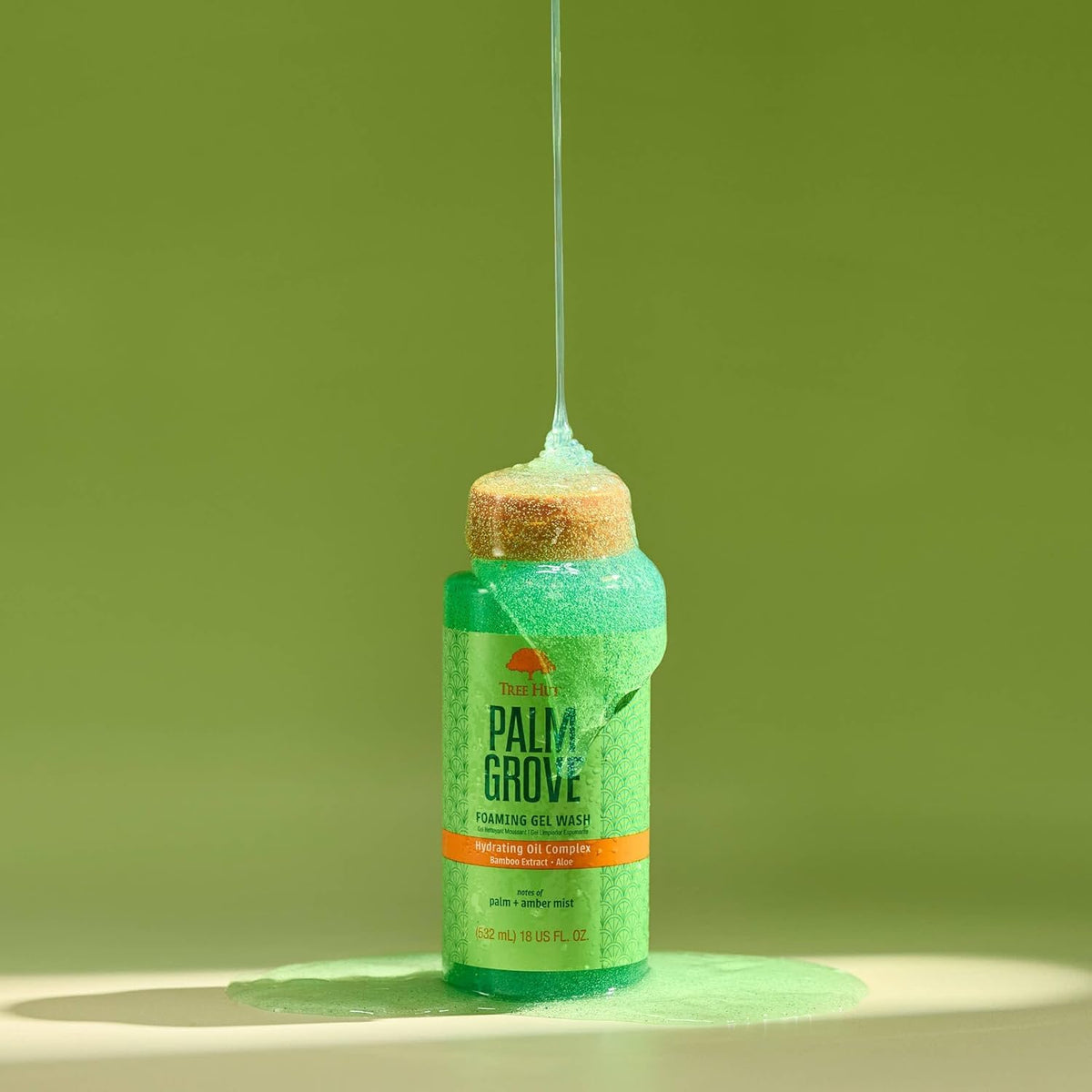 Tree Hut Palm Grove Foaming Body Wash with bath accessories