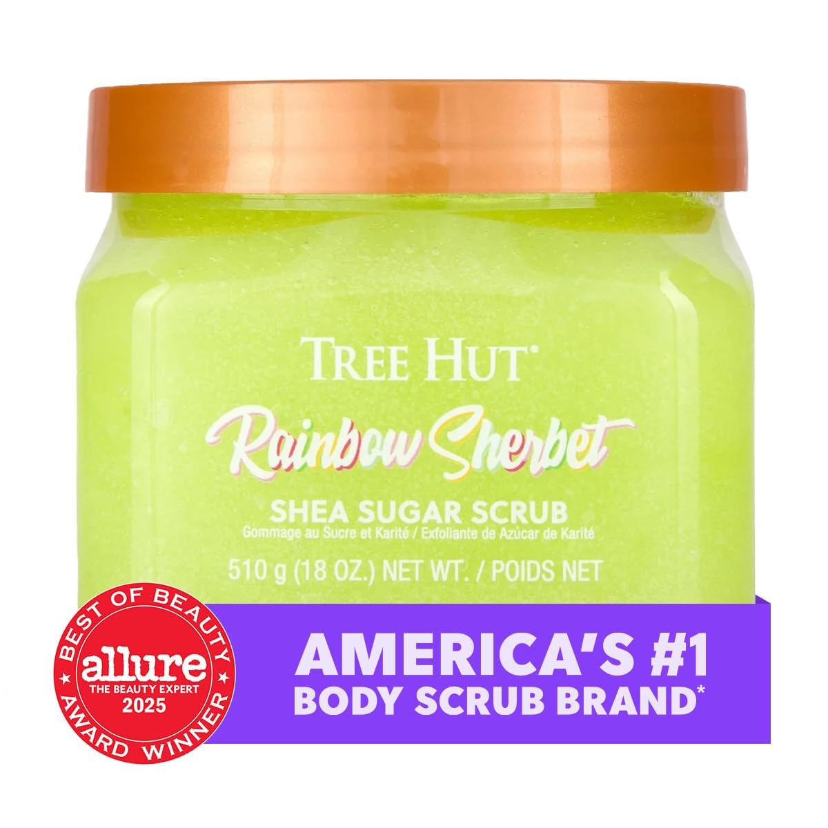 Tree Hut Rainbow Sherbet Body Scrub 18 Oz in a bathroom setting