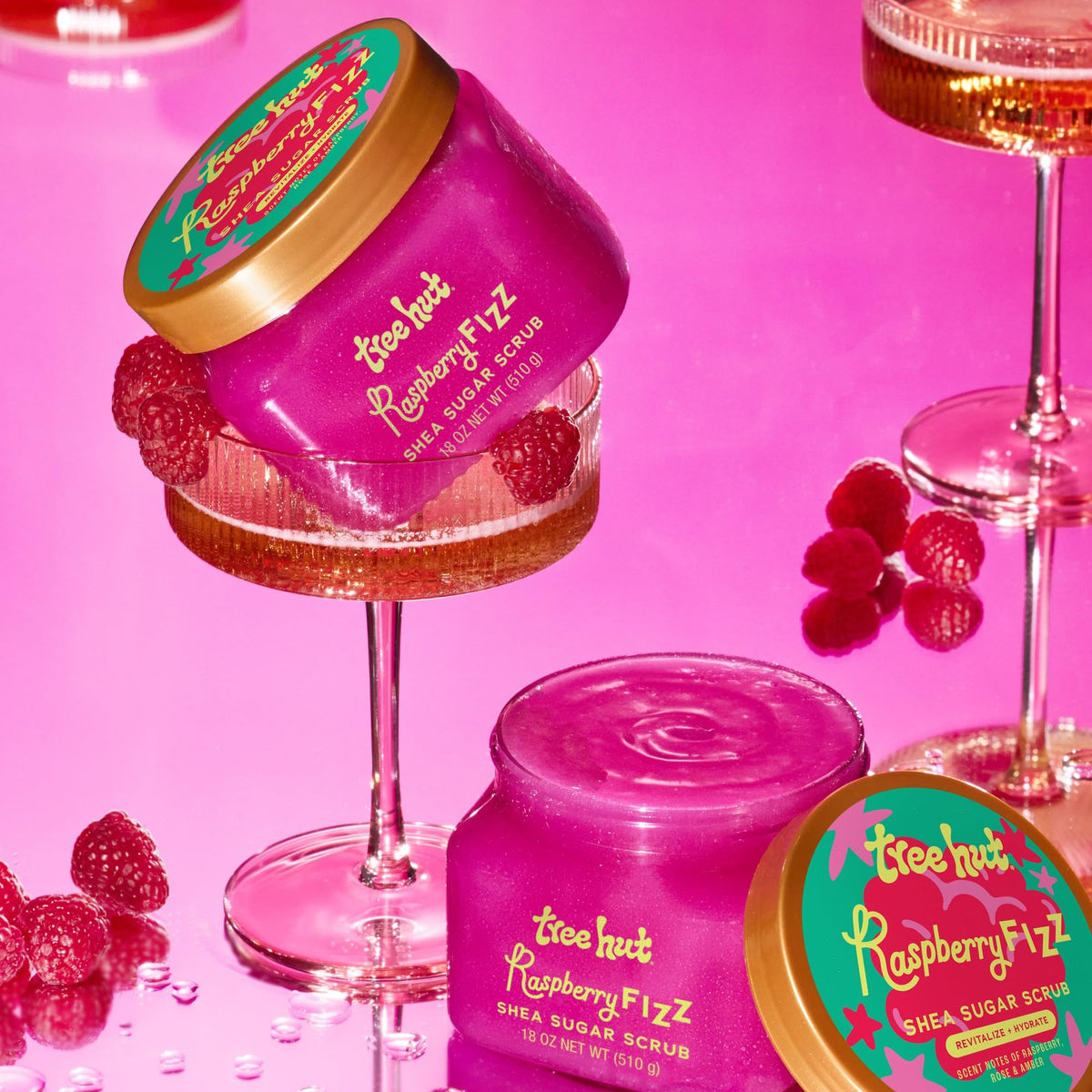 Tree Hut Raspberry Fizz Body Scrub 18 Oz open jar with scrub inside