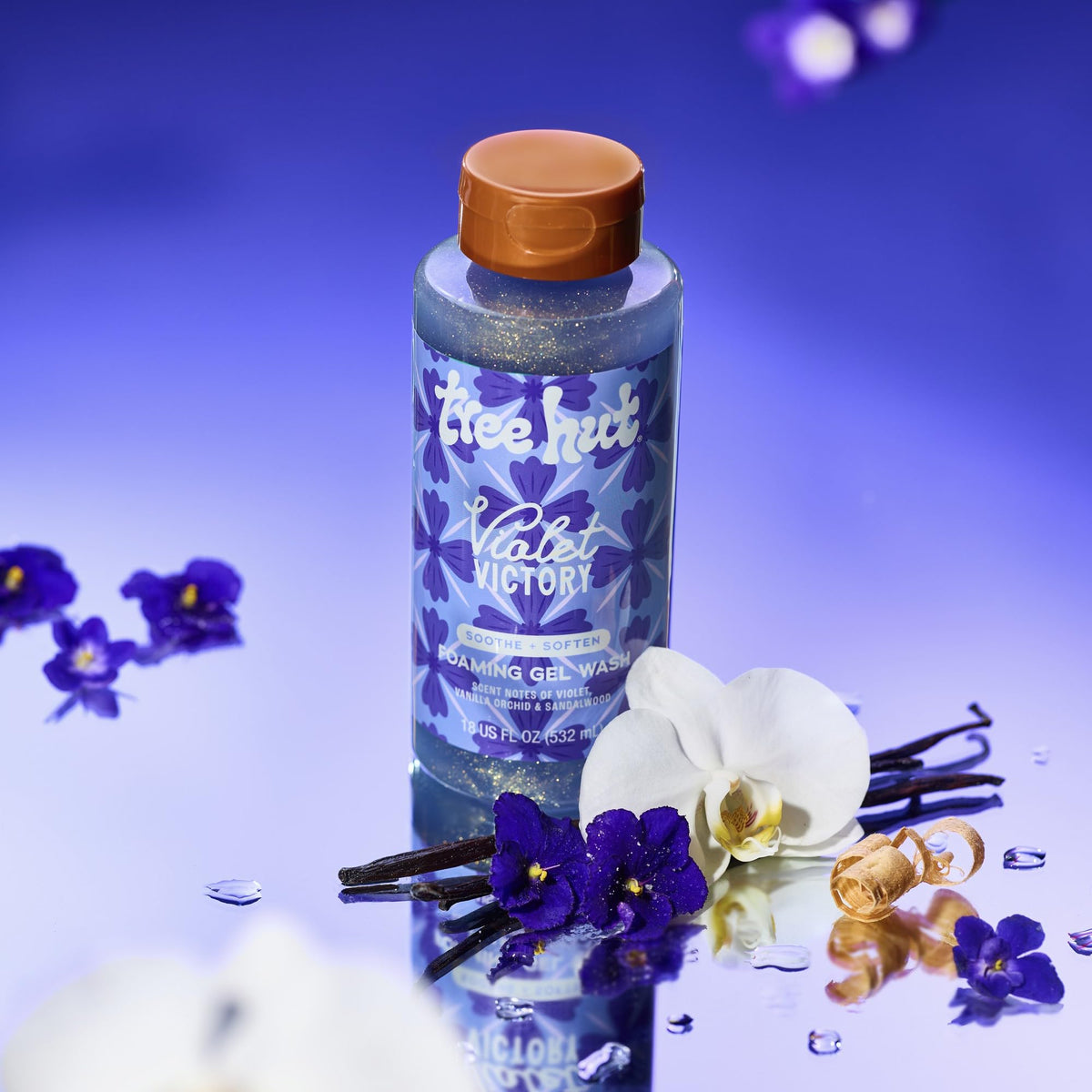Tree Hut Violet Victory Foaming Body Wash back view with ingredients
