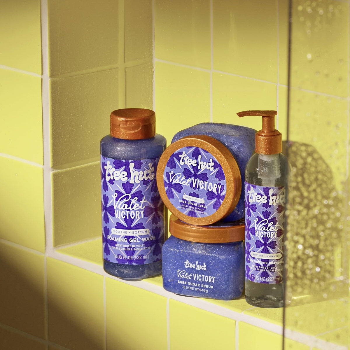 Tree Hut Violet Victory Foaming Body Wash with natural ingredients display