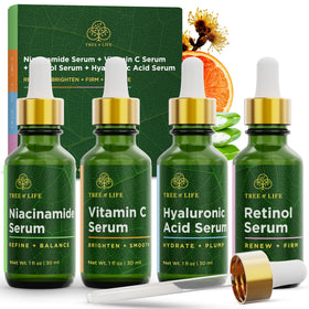 Tree of Life Face Serum Set of 4 bottles arranged neatly