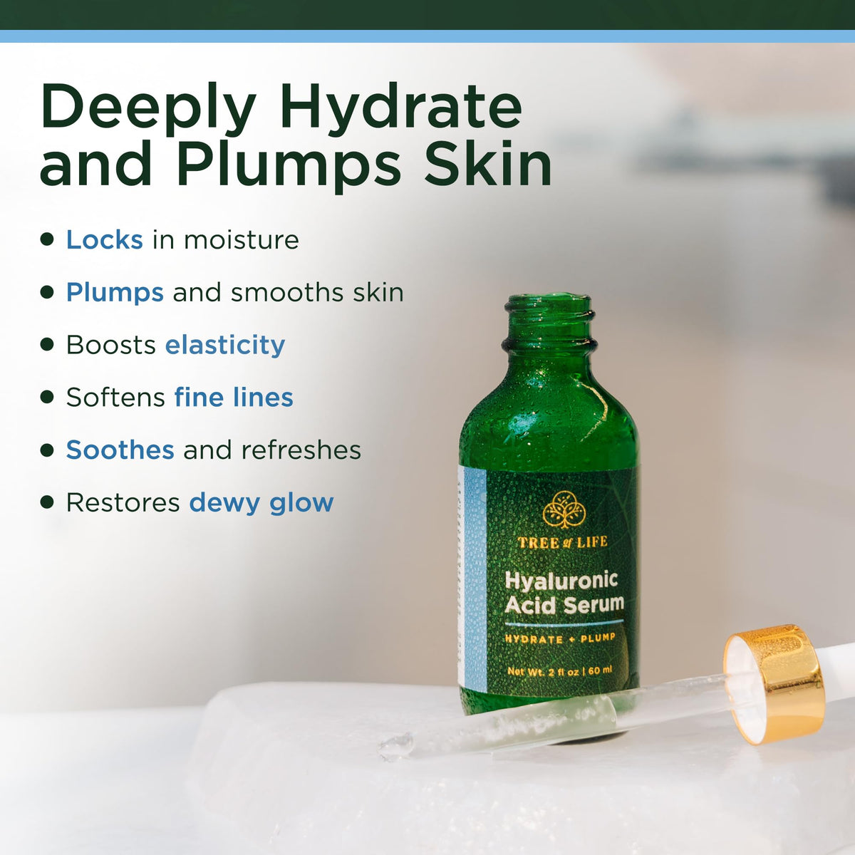 Tree of Life Hyaluronic Acid Serum with ingredients display